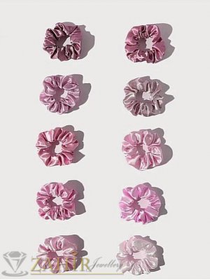  Комплект от 10 бр. малки сатенени  ластици за коса тип скрънчи с диаметър 8 см, в цвят пеперл от рози, много меки - L1172